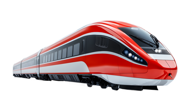 Sleek red and white high speed passenger train with aerodynamic design isolated on transparent background