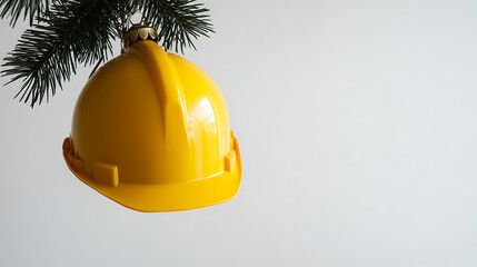 Festive construction: A bright yellow hard hat hangs as a unique Christmas ornament from a pine branch, contrasting safety with holiday cheer, set against a plain backdrop.