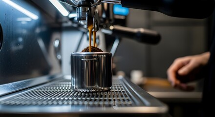 Professional espresso machine brewing rich, dark coffee into a gleaming metal portafilter, capturing the essential craft of fresh beverage preparation