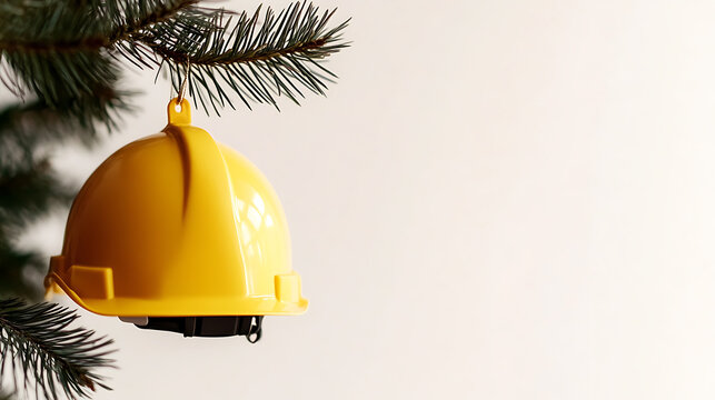 Festive workplace safety! A cheerful yellow hard hat playfully adorns a Christmas tree, blending holiday spirit with a reminder of on-site protection.