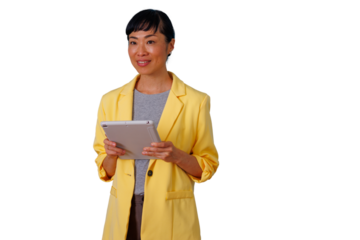Asian businesswoman wearing yellow blazer, holding digital tablet for professional work, smiling, transparent background