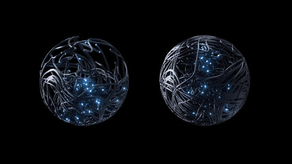 Two illuminated globes on dark background symbolize network redundancy and unity
