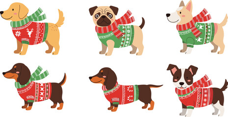 Christmas dogs vector, holiday sweater pets, festive cartoon animals, winter dog fashion, cute puppy clipart, seasonal illustration, pet celebration