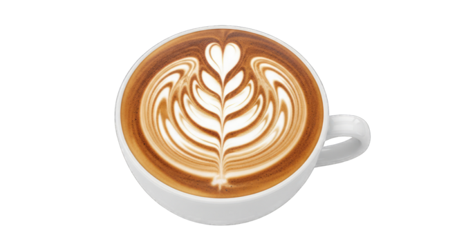 Overhead View of a White Cup Filled with Rich Brown Coffee Topped with Intricate Latte Art Heart Design and Leaf Pattern in Soft Natural Lighting Isolated on Transparent Background