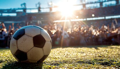 Soccer ball rests on grass near a cheering stadium crowd at sunset.