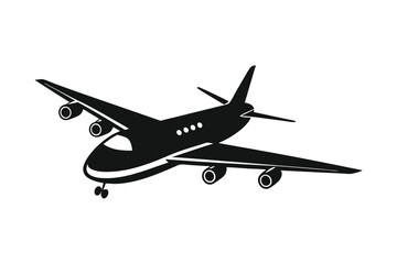Black silhouette icon of a commercial passenger airplane for global travel, flight, and aviation design elements