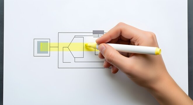 Focusing on the core of an intricate design a hand meticulously highlights a vital segment in a process flow, symbolizing clarity and precise problem identification