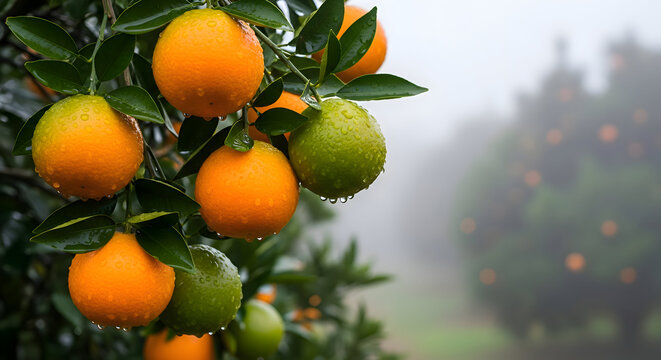 Oranges and limes on a misty tree branch with dew drops - Powered by Adobe