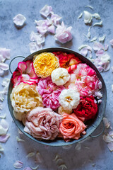 Colorful roses in a rustic bowl surrounded by scattered petals create a serene scene