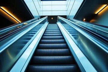 Modern escalator moving upward through a brightly lit futuristic building with sleek metallic design