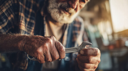 Senior craftsman hands holding a wrench in workshop