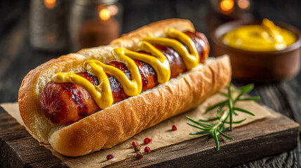 Grilled hot dog with mustard ready to eat