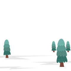 Charming cartoon pine trees in a snowy winter landscape scene