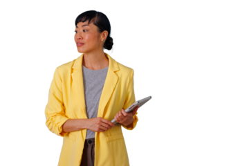 Asian businesswoman holding a digital tablet. She is looking away, suggesting planning or future ideas. Transparent background