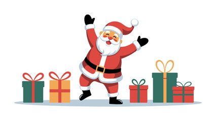 Jolly Santa and Festive Presents: Santa Claus, a jovial figure in a red suit and hat, dances with glee, surrounded by colorful presents, creating a festive atmosphere.