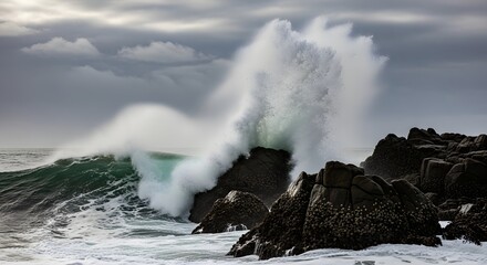 Powerful ocean wave crashing against rocks during a stormy day with dark clouds overhead