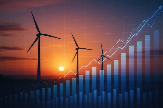 Wind energy investment trends and growth chart at sunset over landscape - Powered by Adobe