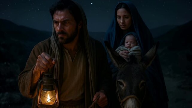 Joseph and Mary Flee to Egypt with Baby Jesus Under the Cover of Night