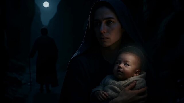 Joseph and Mary Flee to Egypt with Baby Jesus Under the Cover of Night