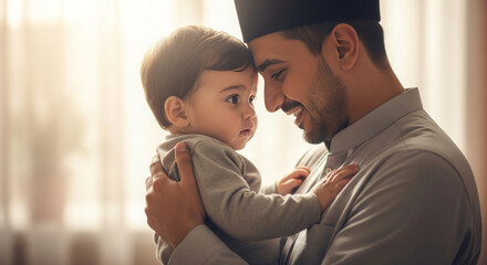 Loving father holding his baby son close in a sunlit room, sharing a tender moment of connection and affection, radiating warmth and happiness.