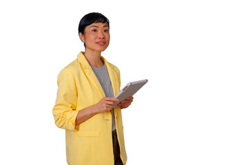 Confident asian businesswoman holding digital tablet, providing modern corporate consulting services, transparent background