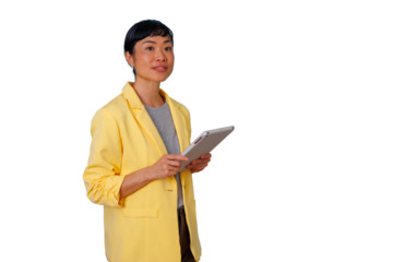 Confident asian businesswoman holding digital tablet, providing modern corporate consulting services, transparent background