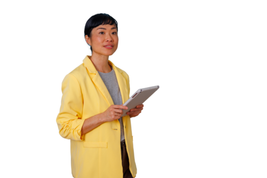 Confident asian businesswoman holding digital tablet, providing modern corporate consulting services, transparent background