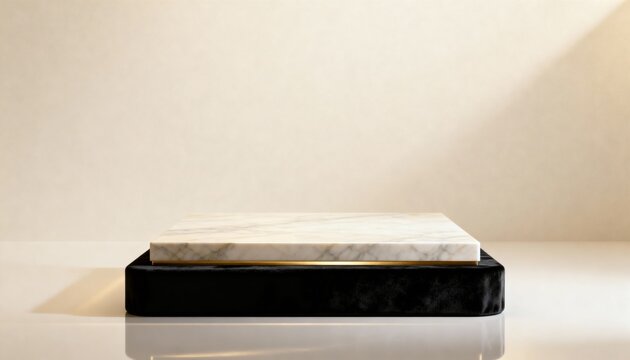 Two-tiered display podium made of black velvet and white marble on a pastel neutral interior background, minimalist luxury product stand ideal for cosmetics, jewelry, skincare, makeup etc.