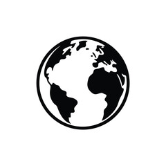 A simple black and white illustration of earth with visible continents