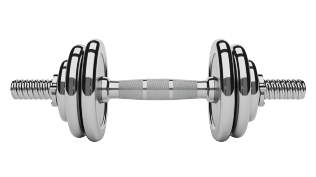 Sleek chrome dumbbell ready for intense gym workouts and achieving peak fitness goals - Powered by Adobe