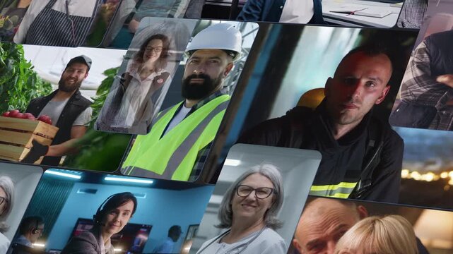Dynamic Montage of Diverse Professionals in Different Work Environments. From Chefs and Customer Support Agents to Engineers and Industrial Workers. Teamwork, Modern Careers, and Global Collaboration. - Powered by Adobe