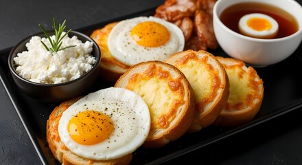 Delicious Gourmet Breakfast Platter Featuring Cheesy Toast, Fried Eggs, Fresh Cottage Cheese, and Savory Broth for a Hearty Morning Meal