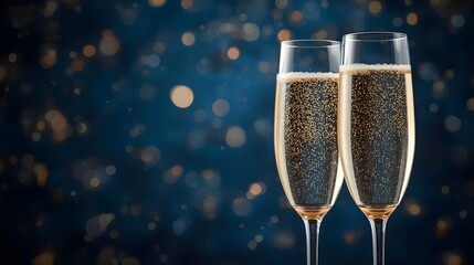 Two elegant champagne flutes filled with bubbly golden champagne against a dark blue bokeh background celebrating a special occasion