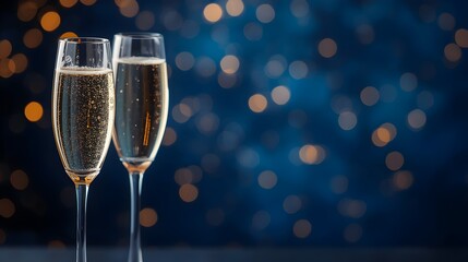 Two elegant champagne flutes filled with sparkling bubbly wine stand ready for a festive celebration against a dark blue background with soft bokeh lights