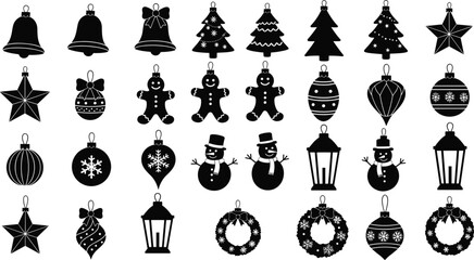 Christmas ornament silhouettes, festive holiday icons, black vector decorations, snowman bell tree star, gingerbread wreath clipart, seasonal design elements