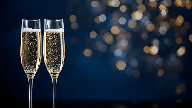 Two elegant champagne flutes filled with bubbly golden champagne stand ready for a festive celebration against a bokeh background of warm lights
