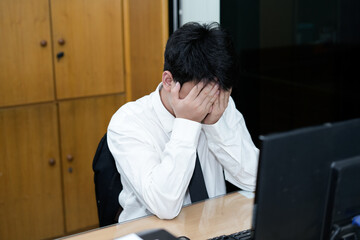 A stressed Asian office worker or businessman sitting at his desk, burying his face in his hands,...