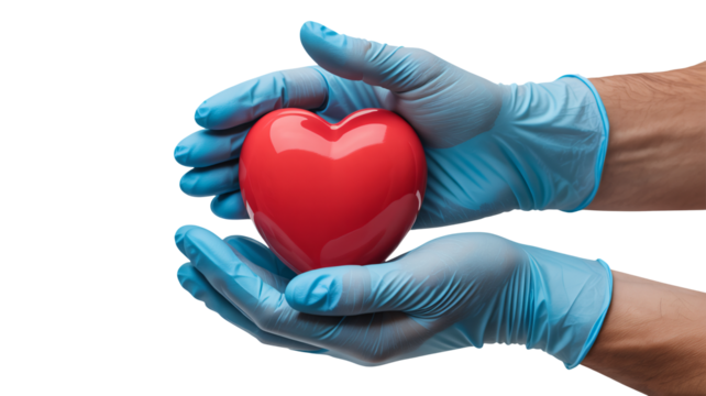 Caring hands in blue gloves gently cradle a vibrant red heart symbolizing health, love, and medical compassion.