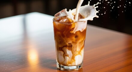 Creamy iced coffee splash in tall glass