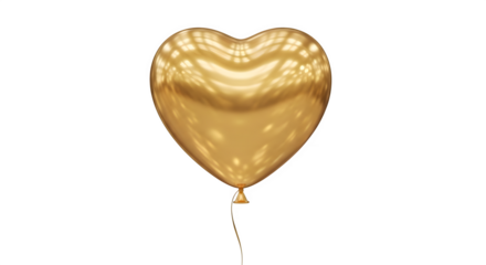 Shiny golden heart shaped balloon floating with a thin string isolated on transparent background