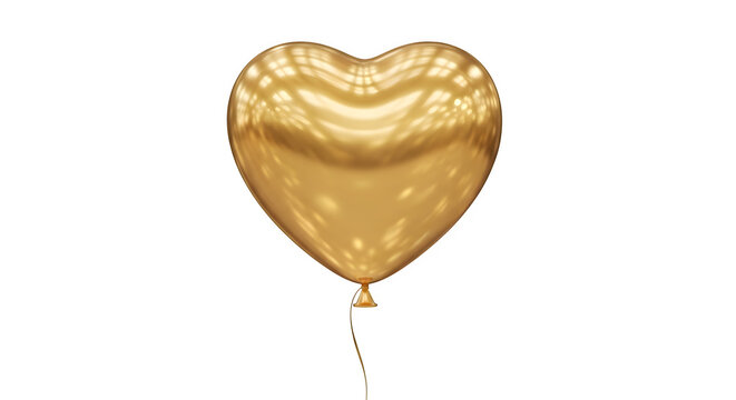 Shiny golden heart shaped balloon floating with a thin string isolated on transparent background