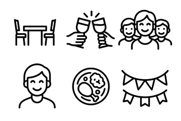 Joyful Dinner Icons. Joyful Gathering outline icon set: dinner table, clinking glasses, smiling faces, plate of food, garland, chair set.