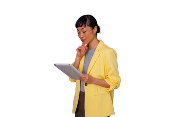 Asian businesswoman concentrating, holding digital tablet, thinking about task, finding solution, transparent background