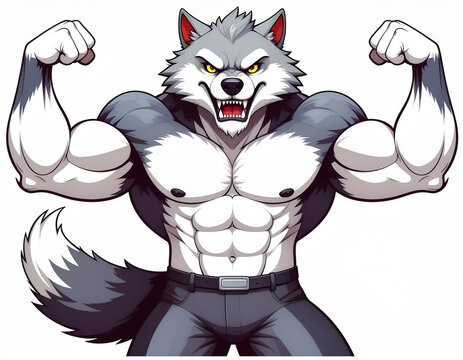 A cartoon wolf body builder with large muscles on a white background. Ai