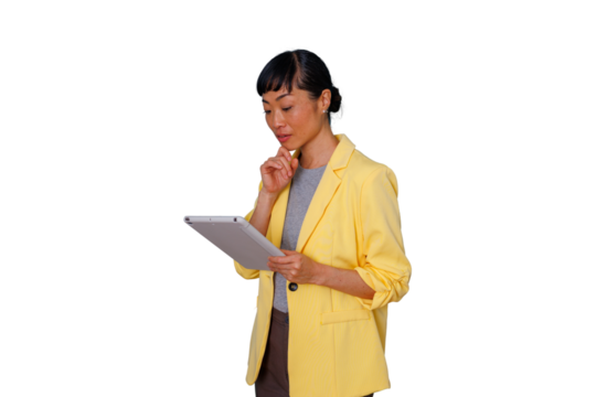 Asian businesswoman concentrating, holding digital tablet, thinking about task, finding solution, transparent background