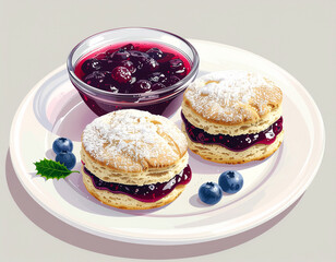 Two golden-brown scones sliced in half with a generous layer of blueberry jam. Ai