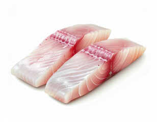 Two raw, boneless, skinless salmon fillets on a white background. Ai