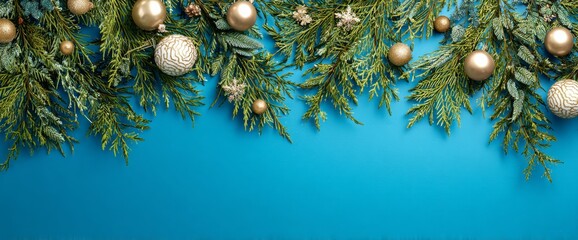 This scene features a vibrant blue backdrop decorated with lush green foliage and sparkling golden ornaments. It captures the festive spirit of the holiday season perfectly