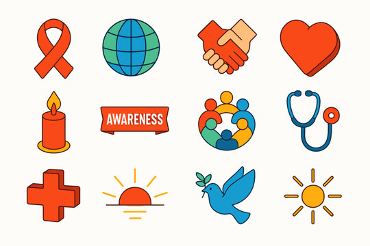 World AIDS Day Icons. World AIDS Day Global Unity modern flat icon set: red ribbon, globe, hands joined, heart symbol, candle flame, awareness banner, people circle, stethoscope,
