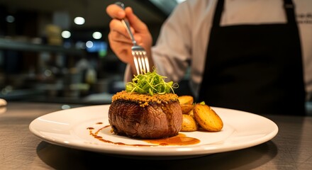 Expert chef meticulously garnishes a premium beef steak with crispy potatoes, showcasing culinary artistry and a fine dining experience